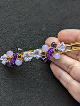 Load image into Gallery viewer, Purple and Gold Floral Barrette, Women Hair Accessories, Vintage Lilac Flower Barrette, Purple Blossom Barrette with Gold Accents