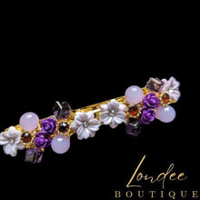 Load image into Gallery viewer, Purple and Gold Floral Barrette, Women Hair Accessories, Vintage Lilac Flower Barrette, Purple Blossom Barrette with Gold Accents