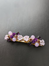 Load image into Gallery viewer, Purple and Gold Floral Barrette, Women Hair Accessories, Vintage Lilac Flower Barrette, Purple Blossom Barrette with Gold Accents