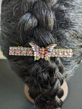 Load image into Gallery viewer, Vibrant Pink & Green Butterfly Barrettes, Barrettes for Butterfly Lovers, Rhinestone Barrettes