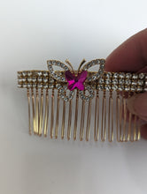 Load image into Gallery viewer, Gold-tone Pink & Clear Butterfly Rhinestone Hair Comb for Her, Elegant Rhinestone Hair Accessories, Summer Hair Combs, Wedding Hair Jewelry
