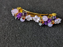 Load image into Gallery viewer, Purple and Gold Floral Barrette, Women Hair Accessories, Vintage  Lilac Flower Barrette, Purple Blossom Barrette with Gold Accents
