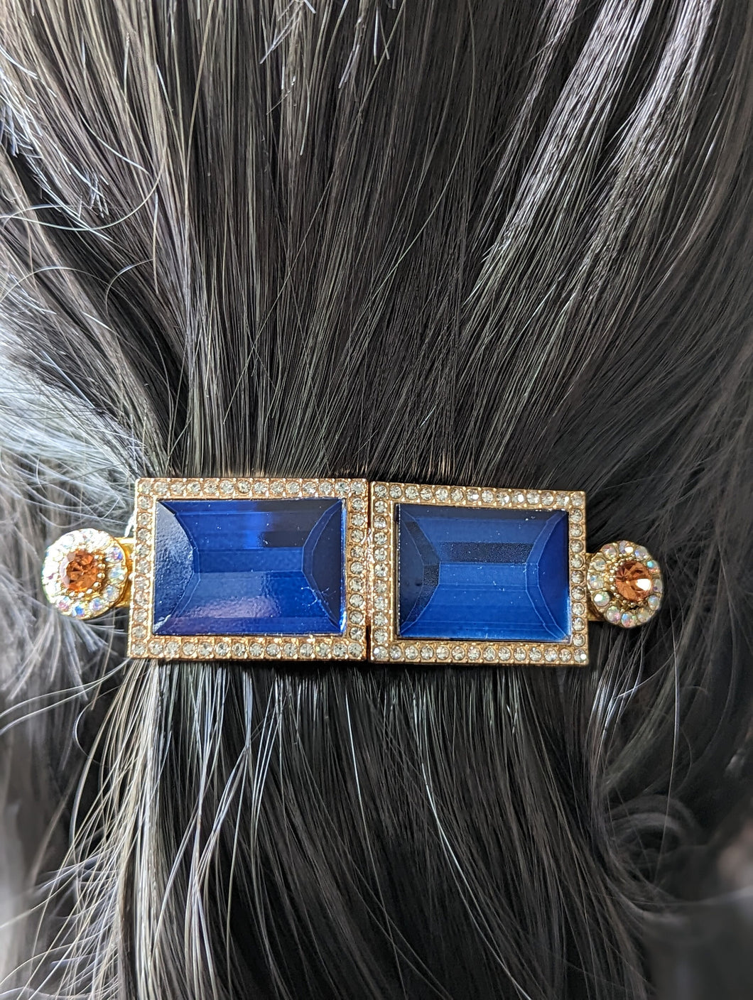 Blue Rhinestone Hair Barrette, Gold tone Hair Barrette, Sapphire Blue Clip, Mother's Day Hair Barrette, Rhinestone Barrette