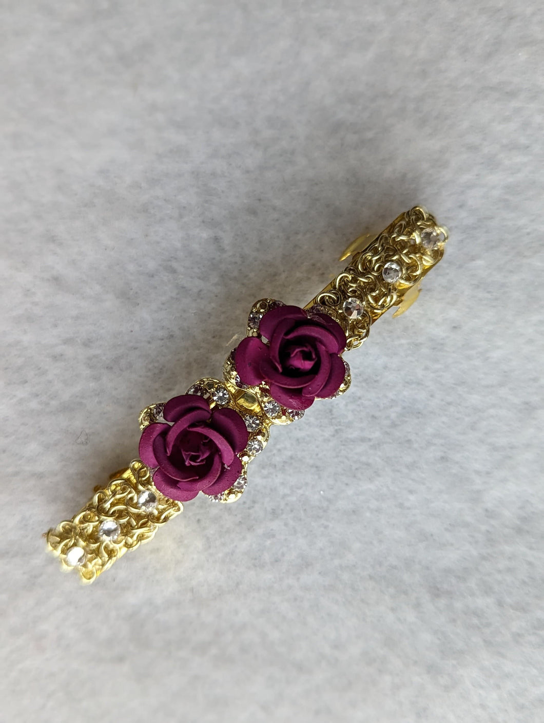 Red Violet Rose Barrettes, Rhinestone & Rose Barrette, Gold tone Hair Barrette, Barrettes for Mother's, Gift for Mature Women