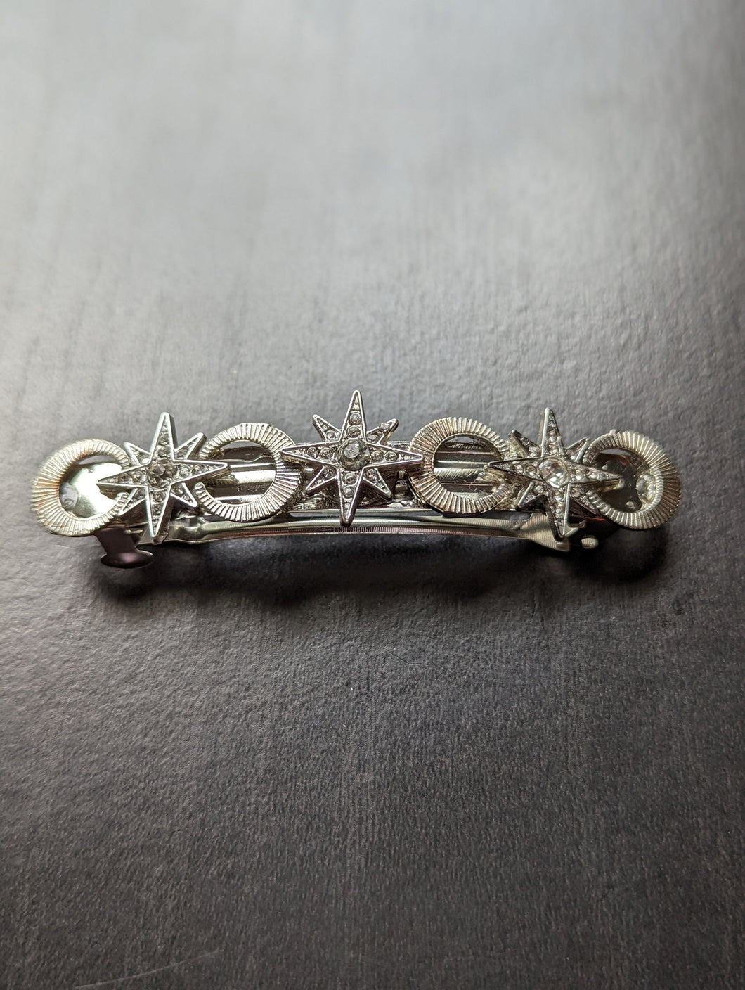 Crescent Silver Moon & Stars Hair Barrette