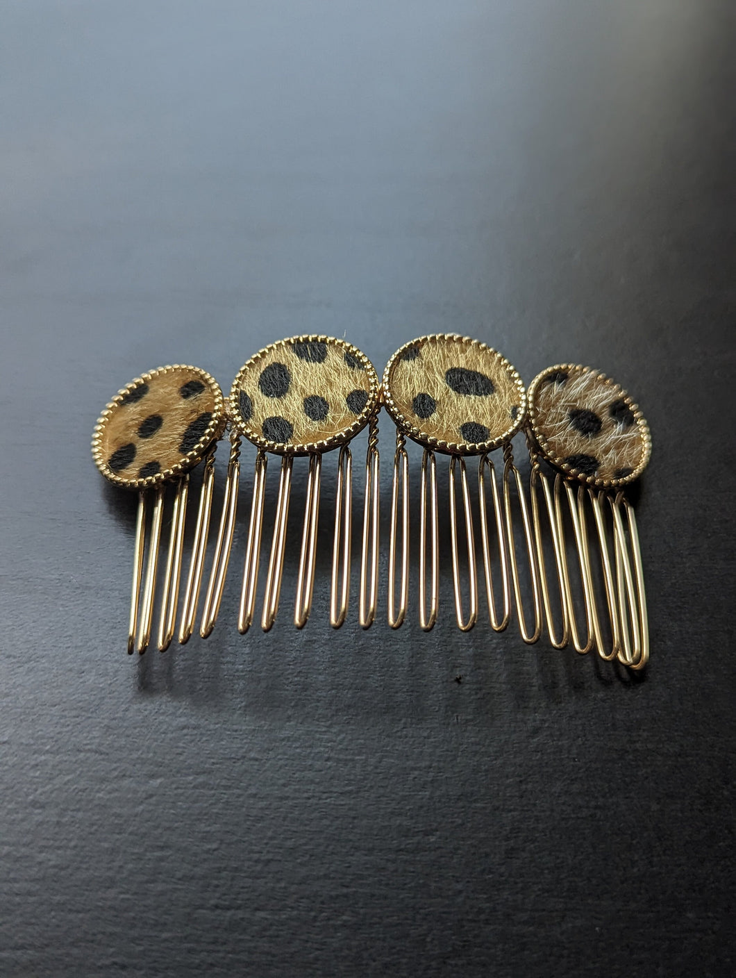 Gold- Tone Leopard Print Hair Comb, Faux Fur Comb, brown and black leopard Print Comb, Winter Hair Combs