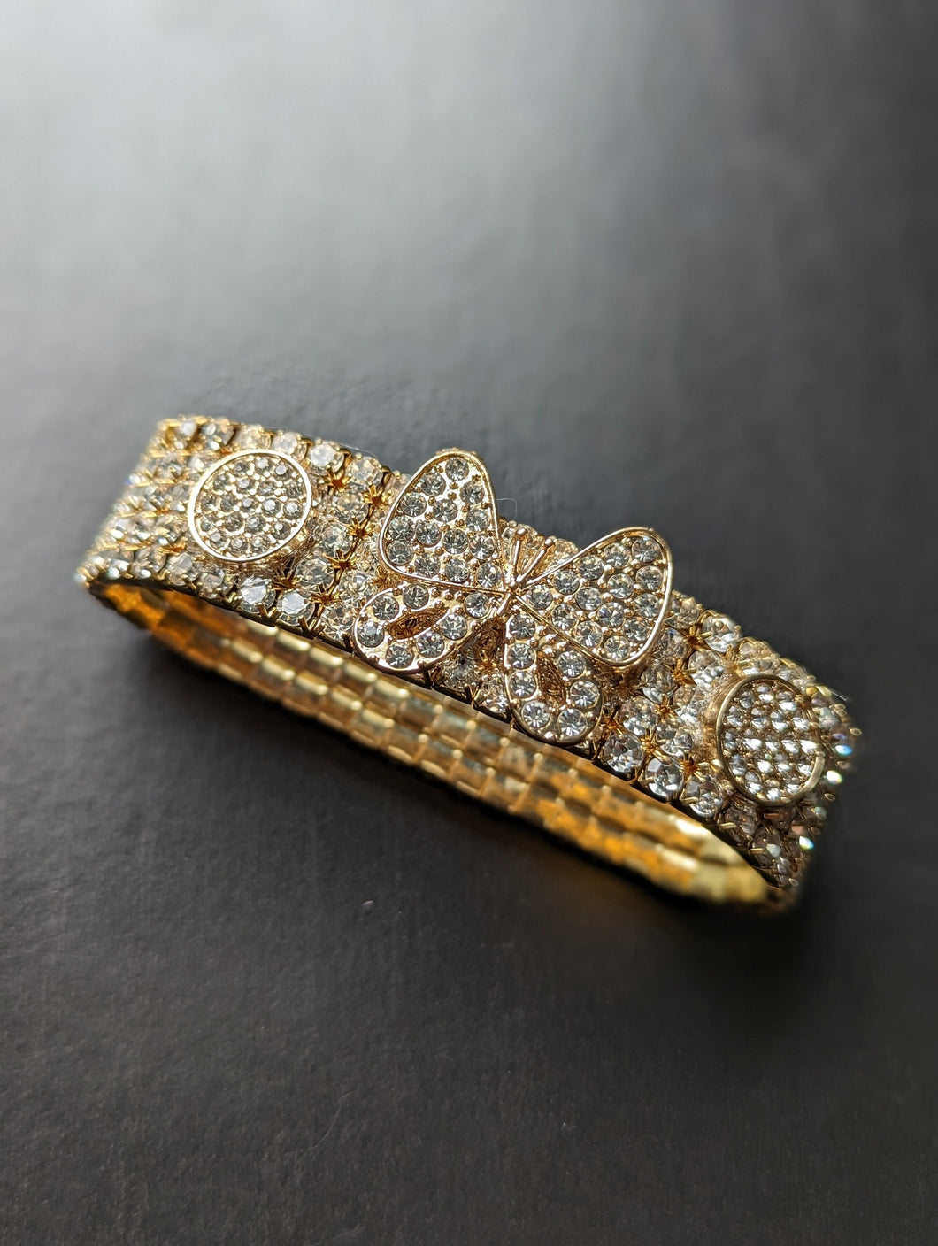 Gold Tone Crystal Bracelet, Butterfly Bracelet, Stretchy Bracelet, Sparkling Jewelry, Crystal Butterfly, Bling Bracelet, Glamorous Jewelry,