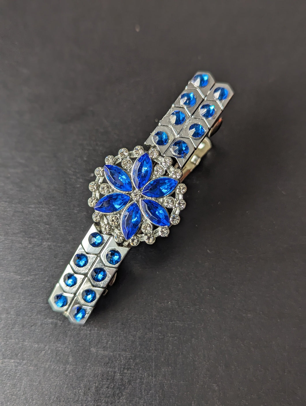 Vintage Style Blue & Silver Flower Barrette for Women, Rhinestone Hair Accessories, Bridal Hair Clips