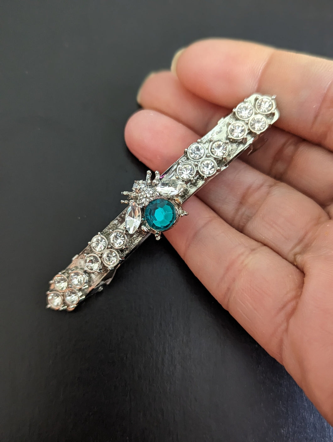 Emerald Gemstone Barrette, Silver Bumble Bee, Metal Bumble Bee, Birthstone Barrette, Rhinestone Barrette