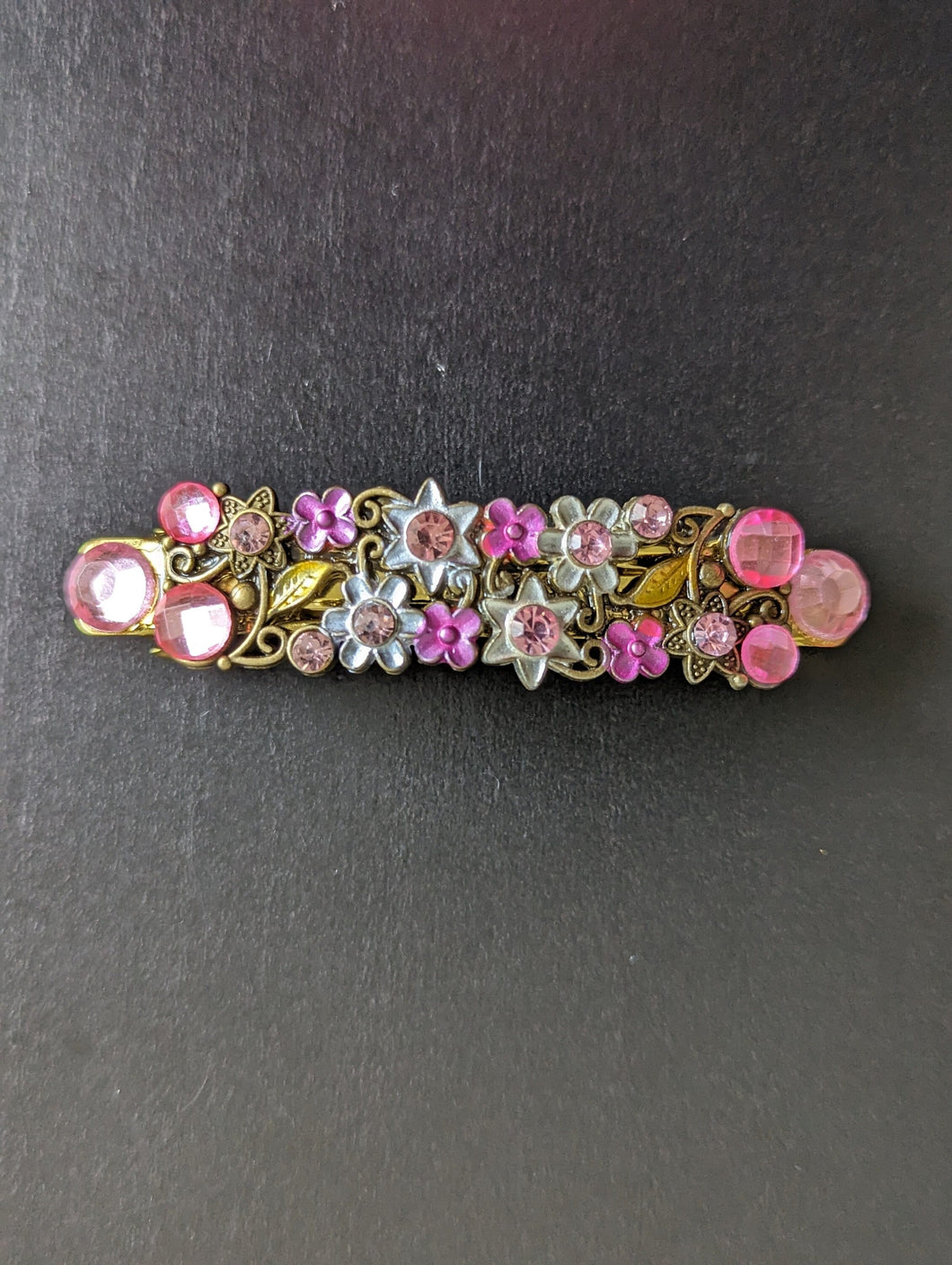 Pink Floral Hair Barrette, Metal Flower Barrette, Pink Rhinestones, Gift For Her,
