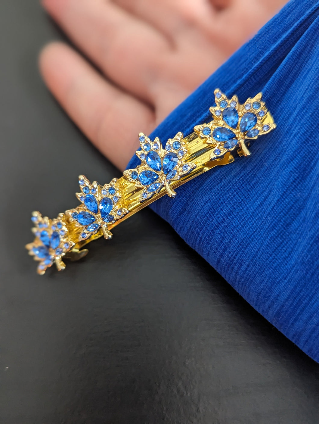 Blue Maple Leaf Barrette, Blue Rhinestone Barrette for Her, Gold-tone Hair Barrette