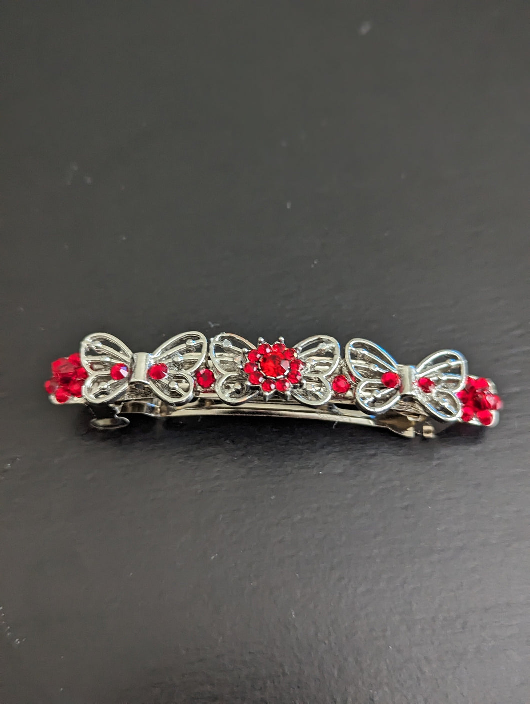 Stunning Silver Butterfly Barrette, Silver and  Red gemstones Barrettes, Gift for Her, Silver Hair Clips