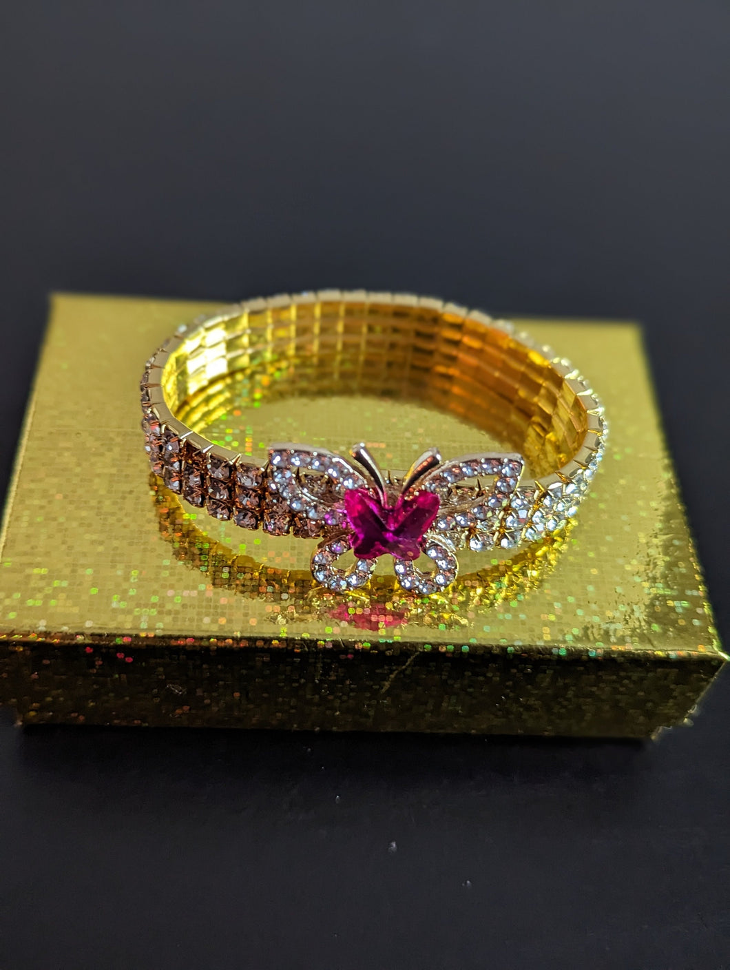 Hot Pink Butterfly Charm Bracelet, Gold - Tone Stretchy Bracelet for Her, Three Row Elastic Bracelet Bangle, Jewelry Gift