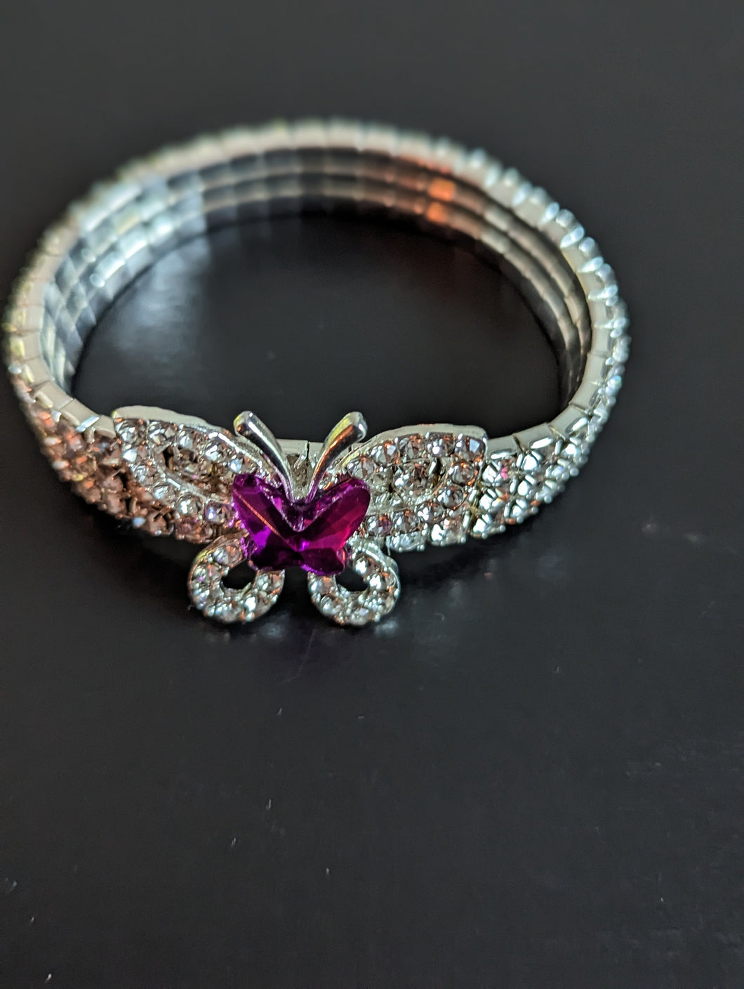 Purple Butterfly Charm Bracelet, Silver Stretchy Bracelet for Her, Three Row Elastic Bracelet, Jewelry Gift