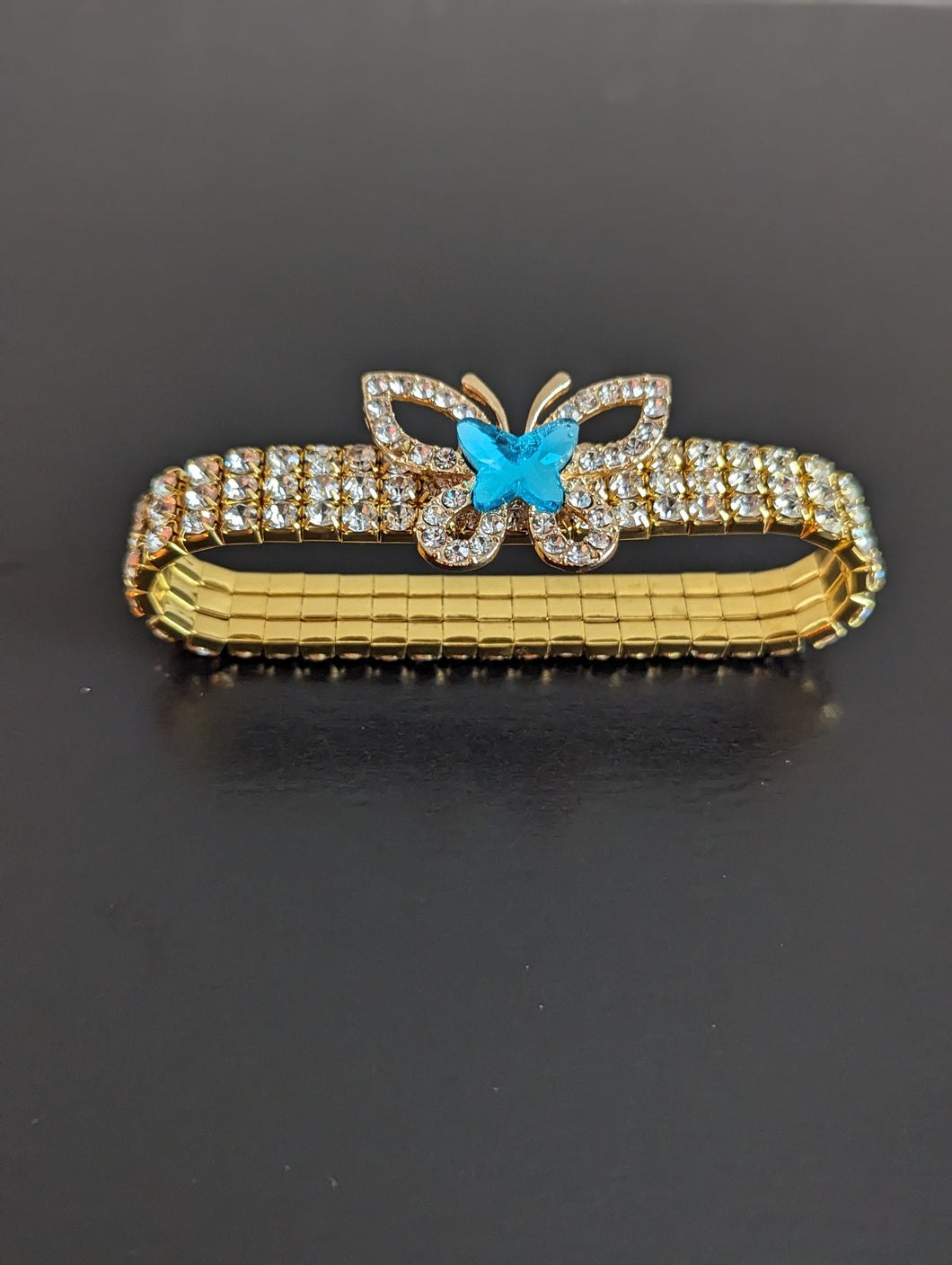 Blue Rhinestone Butterfly Charm Bracelet, Stretchy Bracelet for Her, Three Row Rhinestone Bracelet, Bling Bling Wrist Jewelry