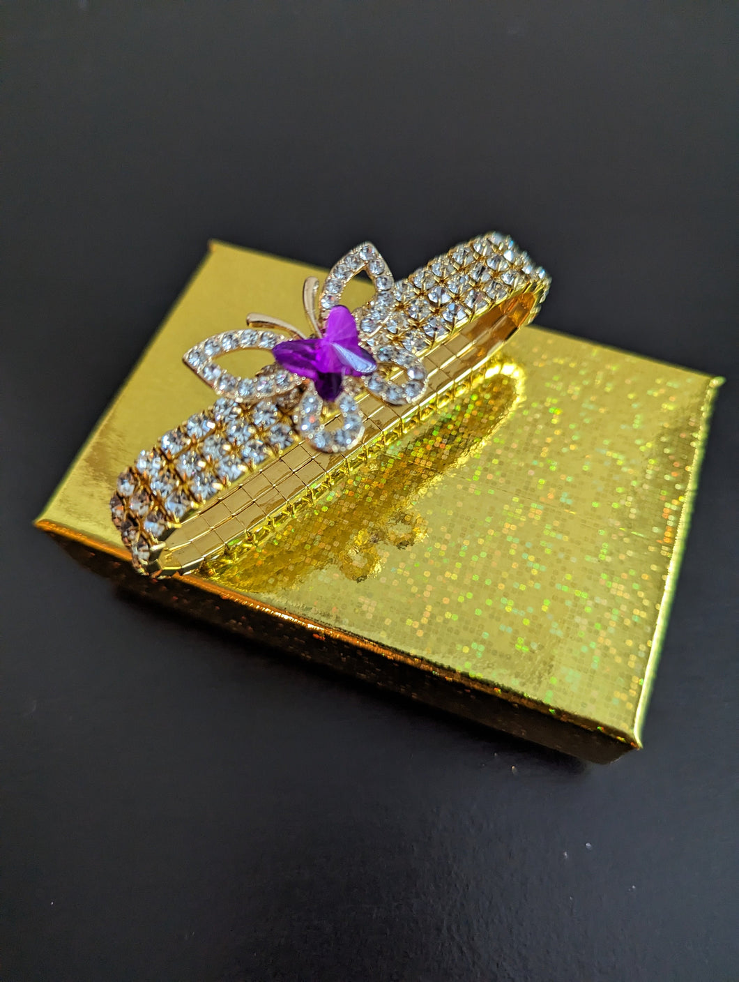 Purple Butterfly Charm Bracelet, Gold- Tone Stretchy Bracelet for Her, Three Row Elastic Bracelet, Jewelry Gift