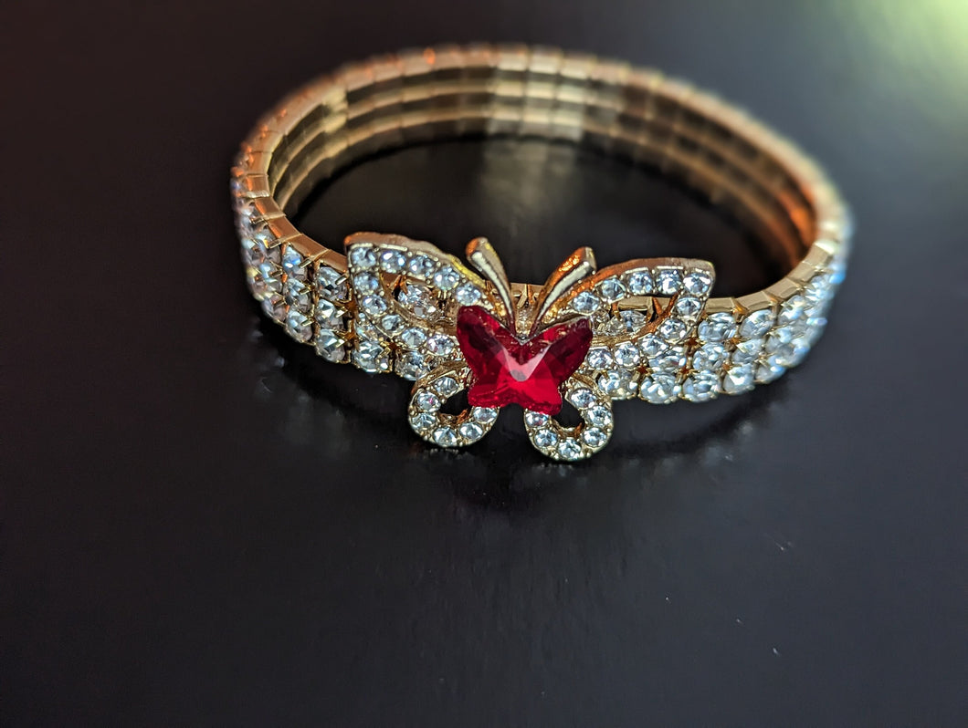 Red Butterfly Charm Bracelet, Silver Stretchy Bracelet for Her, Three Row Elastic Bracelet Bangle, Butterfly Wrist Jewelry