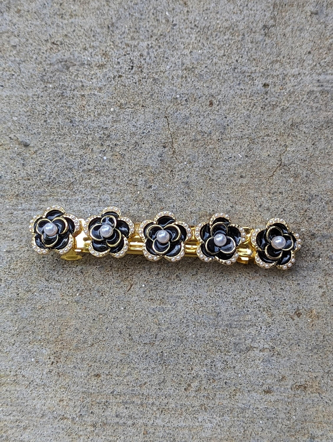 Faux Pearl & Black Flower Barrette, Elegant Gold- Tone Barrette, Black Flower Barrette