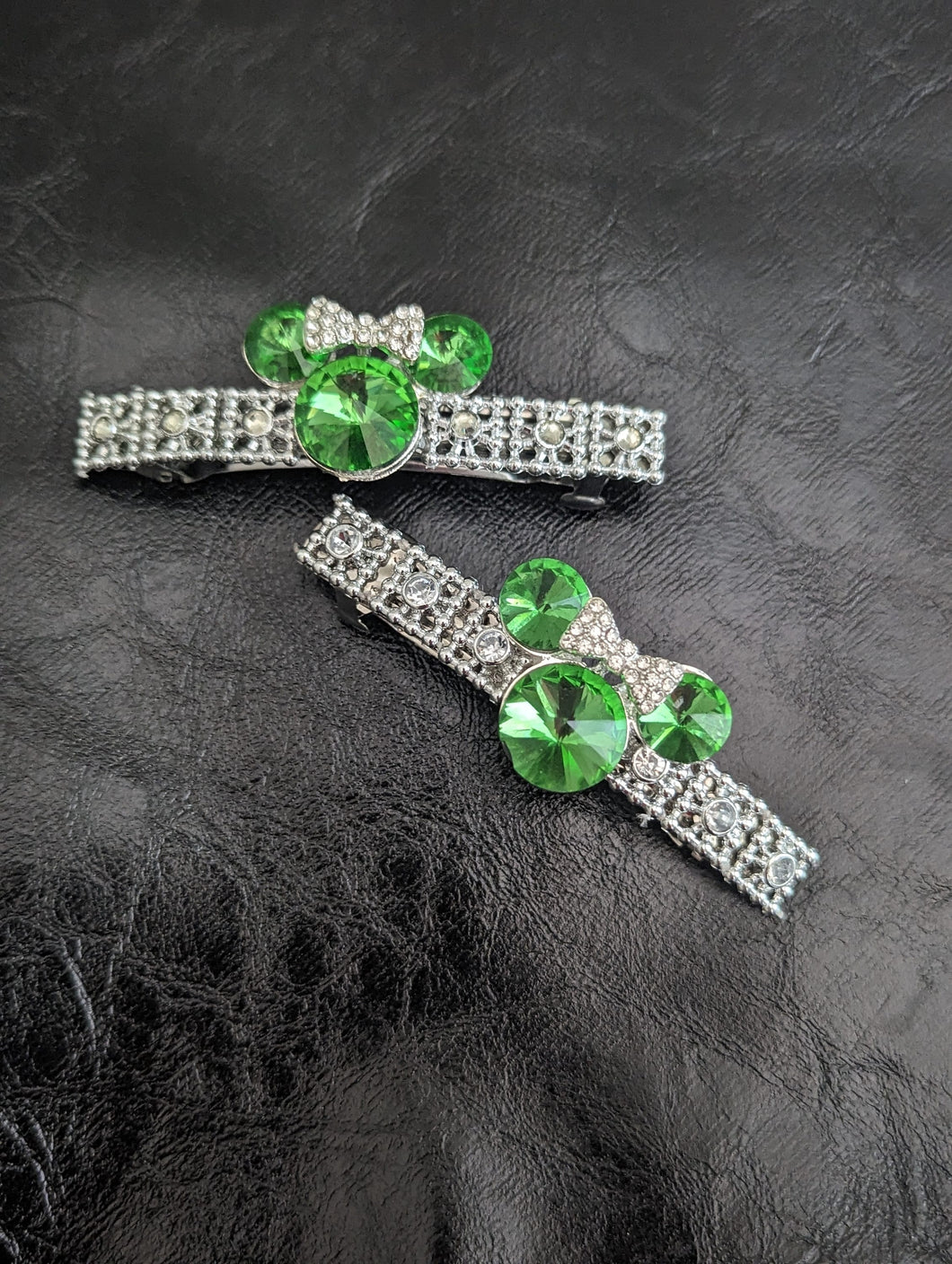 Green Crystal Mouse Ears Barrette Set for little Girls, Children Rhinestone Hair Accessories