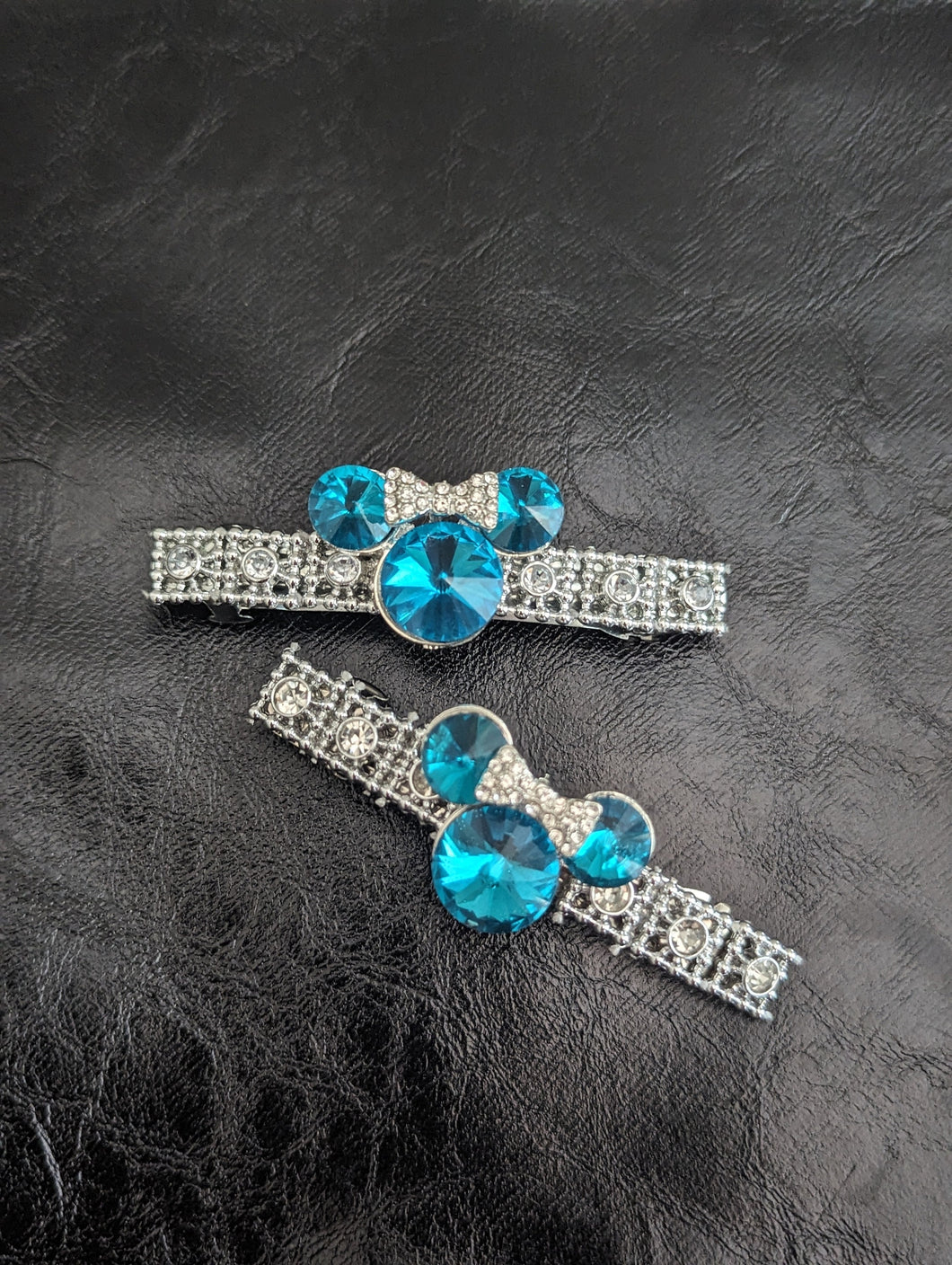 Crystal Mouse Ears Barrette Set, Teal Blue Rhinestone Barrettes for Little Girls