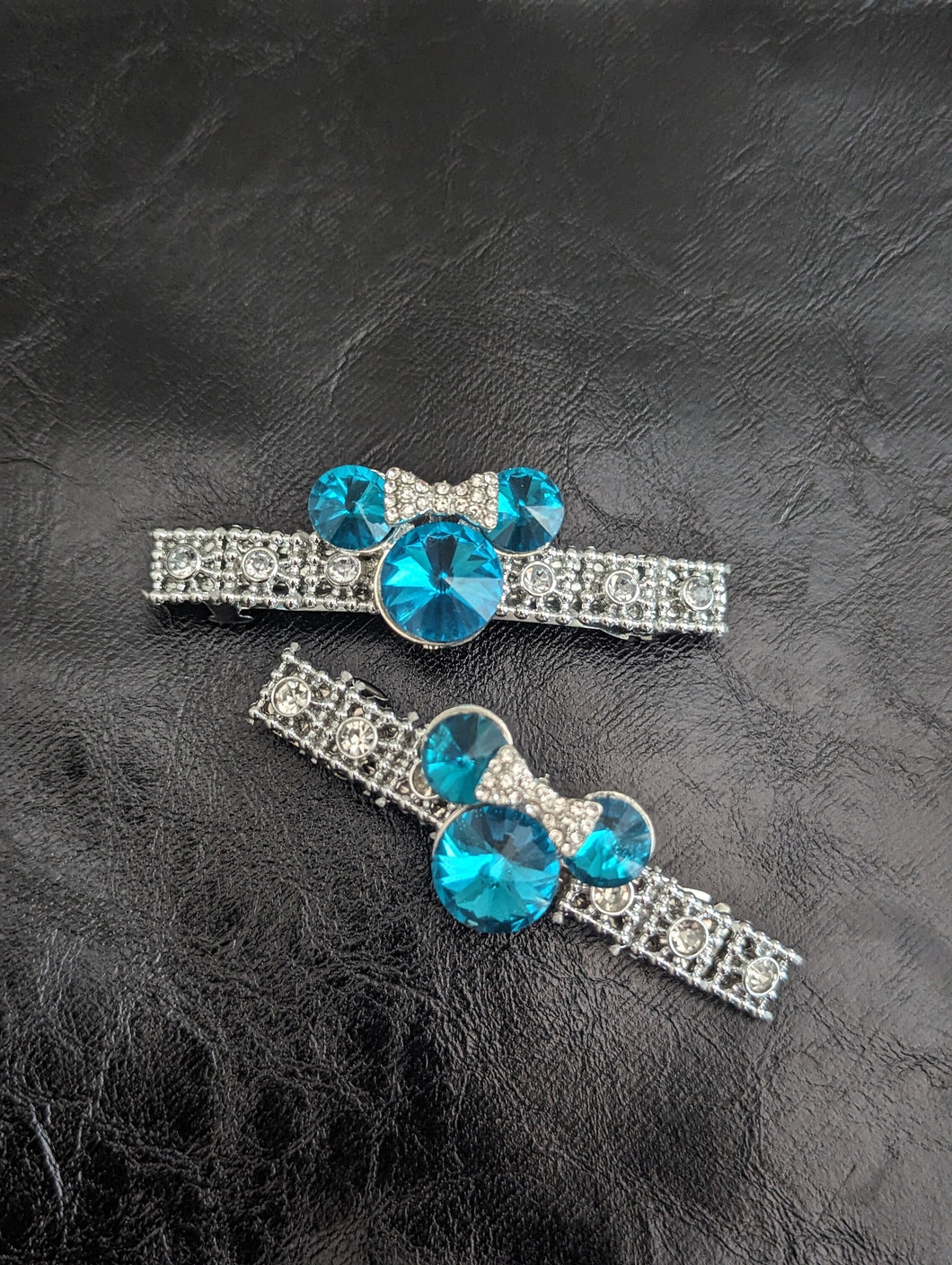 Crystal Mouse Ears Barrette Set for little Girls, Teal Rhinestone Barrettes, Blue Hair Clips for Children, Hair Accessories Gift for Her