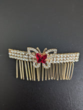 Load image into Gallery viewer, Gold-tone Red &amp; Clear Butterfly Rhinestone Hair Comb for Her, Elegant Rhinestone Hair Accessories, Summer Hair Combs, Wedding Hair Jewelry
