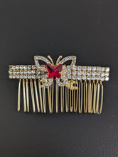 Load image into Gallery viewer, Gold-tone Red &amp; Clear Butterfly Rhinestone Hair Comb for Her, Elegant Rhinestone Hair Accessories, Summer Hair Combs, Wedding Hair Jewelry
