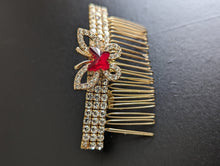 Load image into Gallery viewer, Gold-tone Red &amp; Clear Butterfly Rhinestone Hair Comb for Her, Elegant Rhinestone Hair Accessories, Summer Hair Combs, Wedding Hair Jewelry
