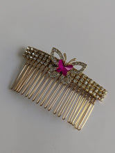 Load image into Gallery viewer, Gold-tone Pink &amp; Clear Butterfly Rhinestone Hair Comb for Her, Elegant Rhinestone Hair Accessories, Summer Hair Combs, Wedding Hair Jewelry
