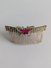 Load image into Gallery viewer, Gold-tone Pink &amp; Clear Butterfly Rhinestone Hair Comb for Her, Elegant Rhinestone Hair Accessories, Summer Hair Combs, Wedding Hair Jewelry
