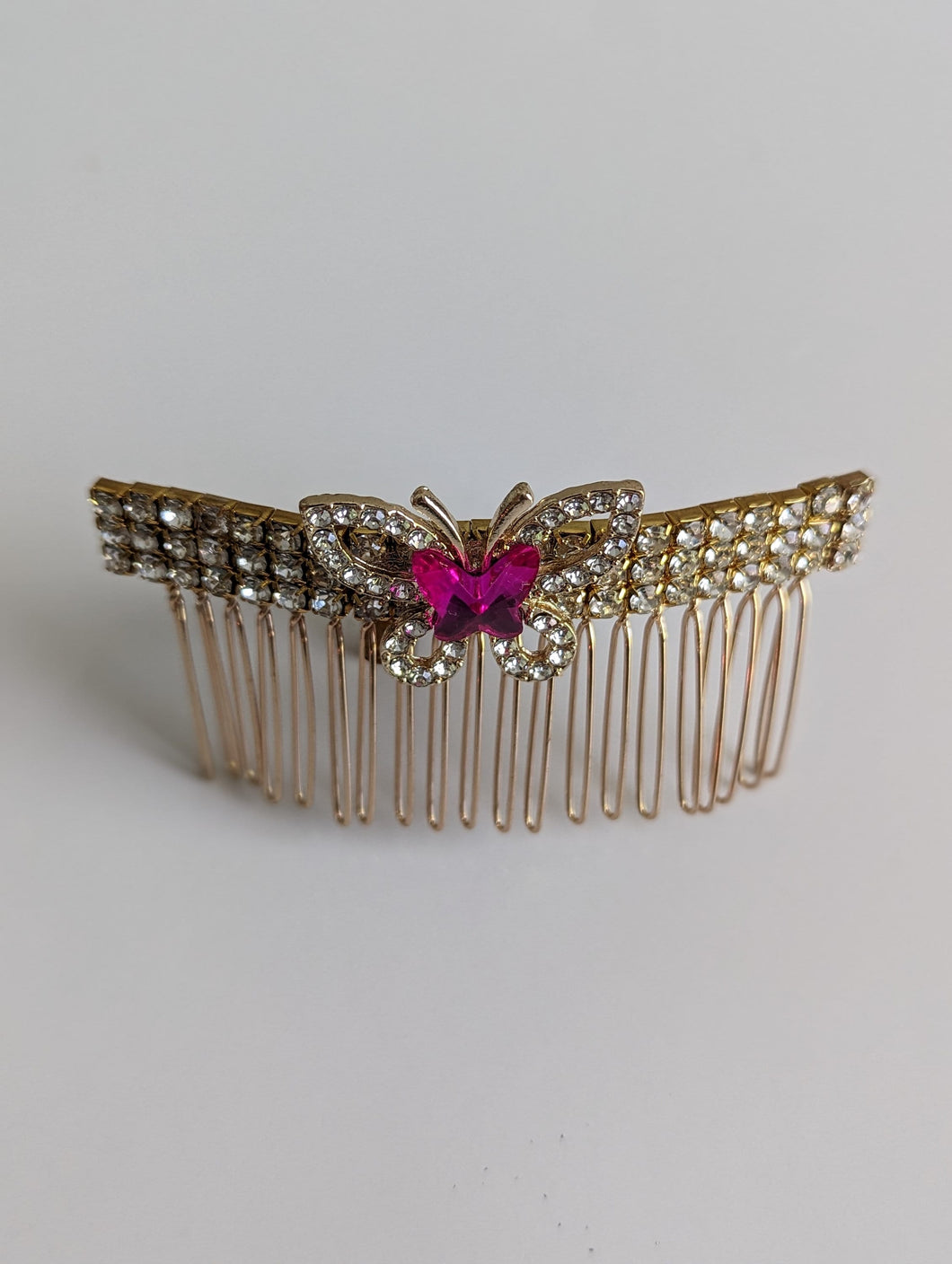 Gold-tone Pink & Clear Butterfly Rhinestone Hair Comb for Her, Elegant Rhinestone Hair Accessories, Summer Hair Combs, Wedding Hair Jewelry